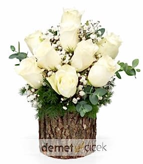 Kütükte 9lu Beyaz Gül Aranjmanı